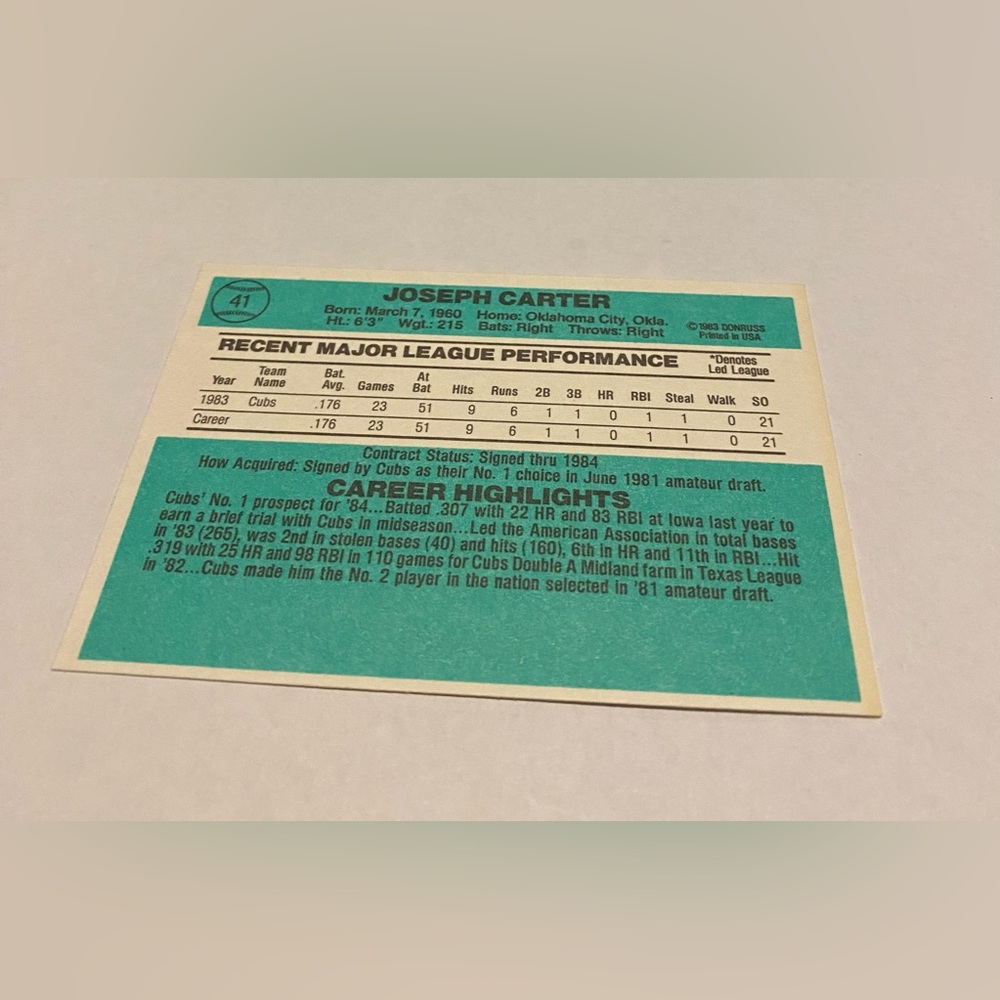 Joe Carter Rookie 1984 Donruss Baseball Card vintage 80s - Picture 2 of 3